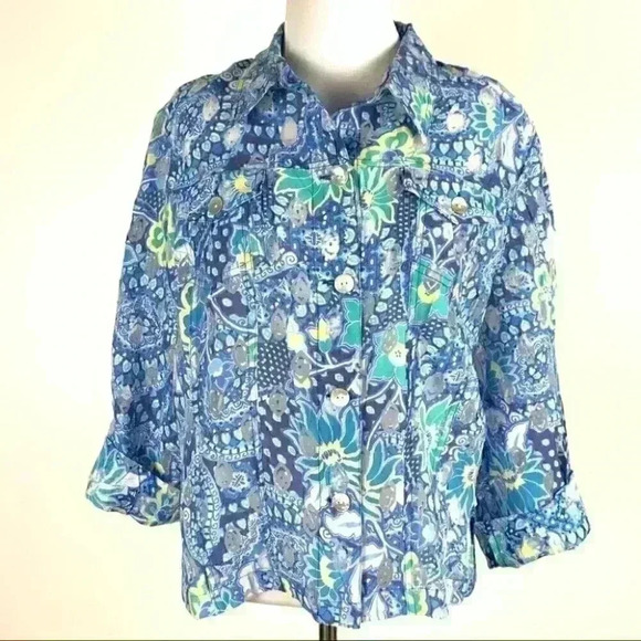 Ruby rd Womens top size 12 multicolored button down sheer - Picture 2 of 11
